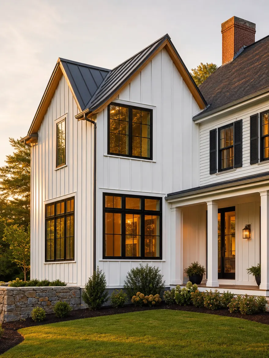 New two-story addition on a white New England home at sunset