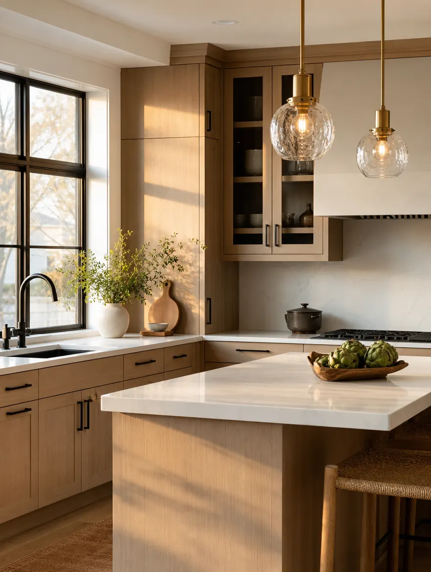 Remodeled kitchen with white oak cabinets, a quartz island and brass pendant lights