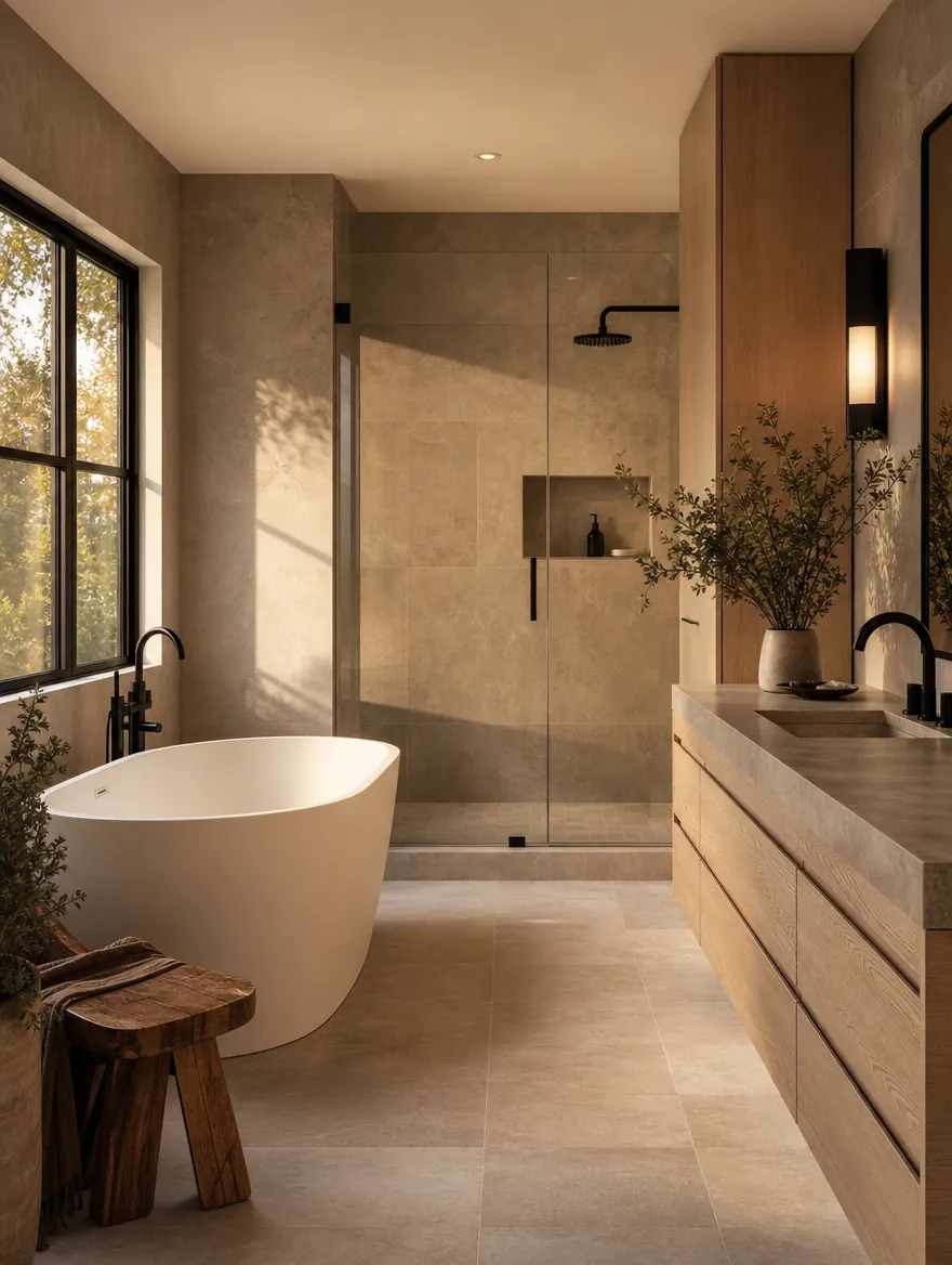 Remodeled bathroom with a freestanding tub, stone tile and a white oak vanity