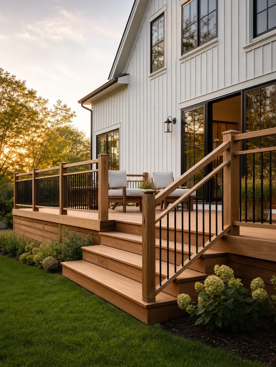 New cedar deck with black metal railings behind a white home