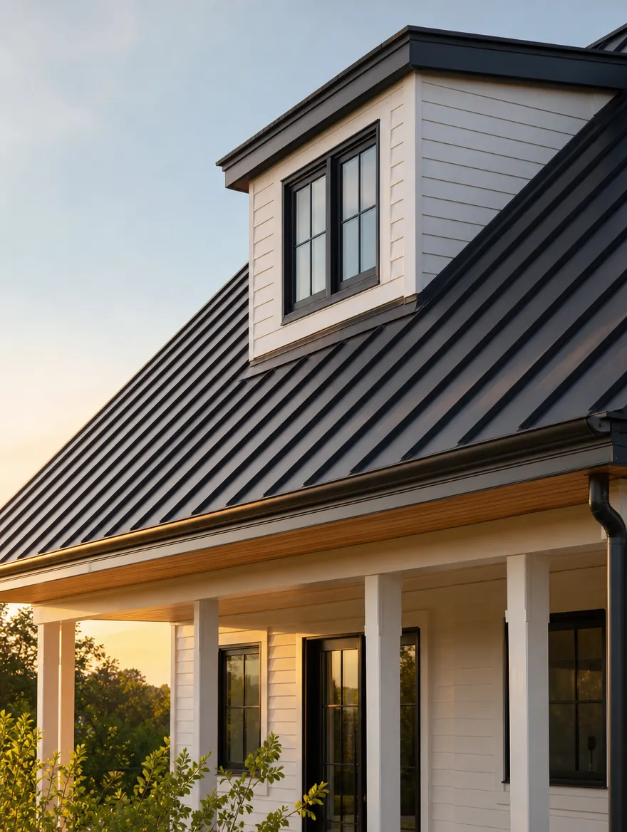 New dark standing-seam metal roof with a dormer window