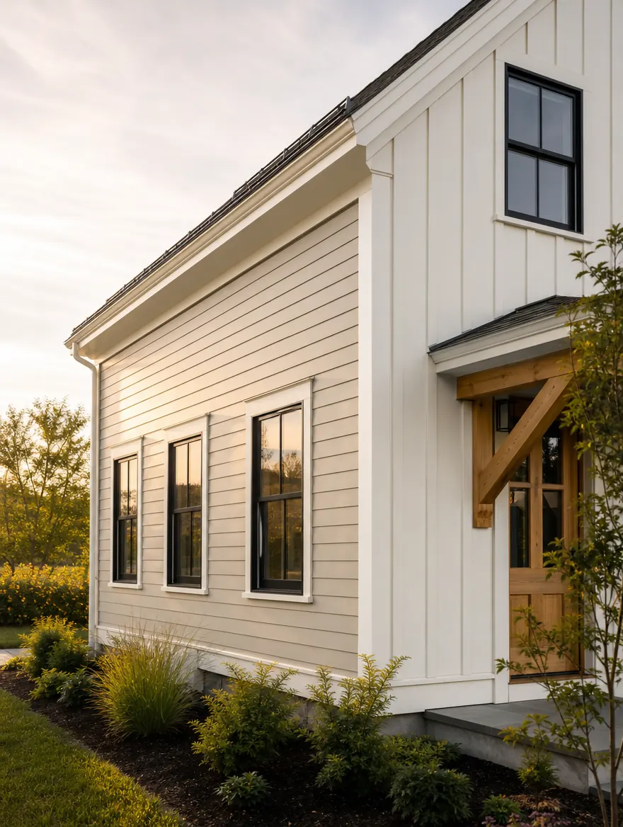 Corner of a home with new lap siding, board and batten and black windows
